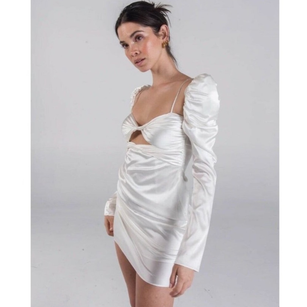 The Bar Twist Dress Ivory White Silk Puff Long Sleeve